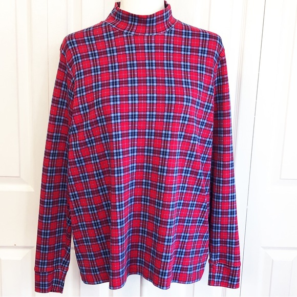 Lands' End Tops - Lands' End Red & Blue Plaid Print Mockneck Long Sleeve Tee XL